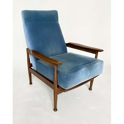 206 - ARMCHAIRS, a pair, 1970s Danish teak with Royal blue velvet upholstery, 69cm W. (2)