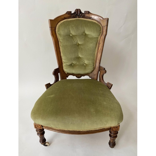 207 - SALON CHAIR, Victorian Aesthetic walnut with mint green velvet upholstery, 58cm W.