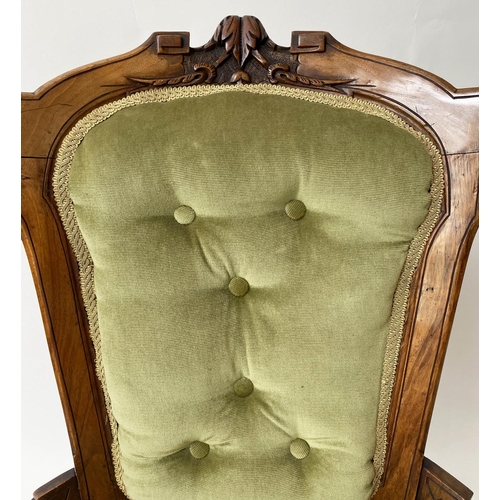 207 - SALON CHAIR, Victorian Aesthetic walnut with mint green velvet upholstery, 58cm W.