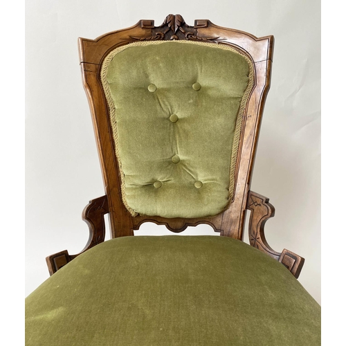 207 - SALON CHAIR, Victorian Aesthetic walnut with mint green velvet upholstery, 58cm W.