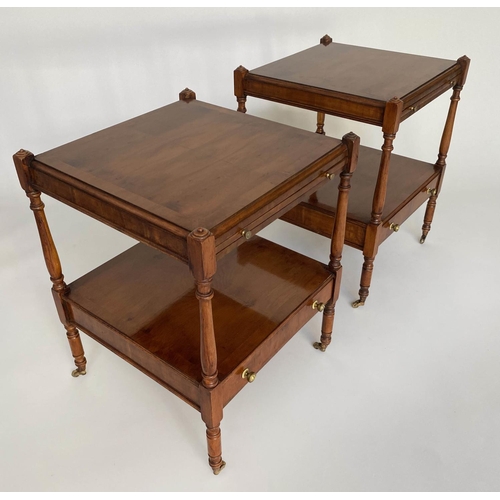 208 - LAMP TABLES, a pair, George III design yewwood each with brushing slide, drawer and undertier, 46cm ... 