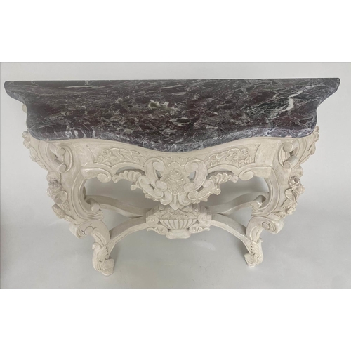 210 - CONSOLE TABLE, Italian style carved and grey painted with shaped breche violette marble top, 126cm x... 