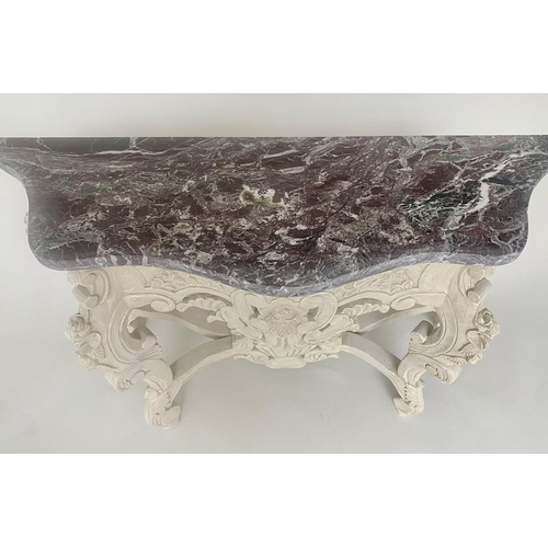 210 - CONSOLE TABLE, Italian style carved and grey painted with shaped breche violette marble top, 126cm x... 