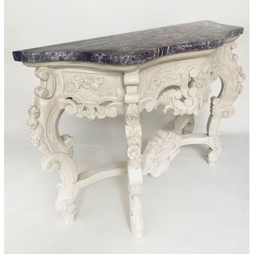 210 - CONSOLE TABLE, Italian style carved and grey painted with shaped breche violette marble top, 126cm x... 