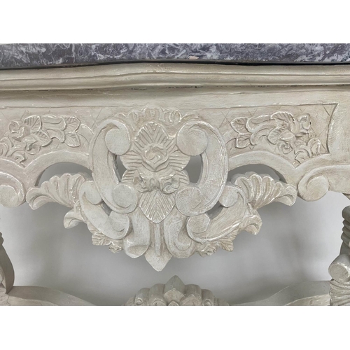 210 - CONSOLE TABLE, Italian style carved and grey painted with shaped breche violette marble top, 126cm x... 