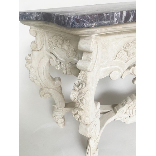 210 - CONSOLE TABLE, Italian style carved and grey painted with shaped breche violette marble top, 126cm x... 