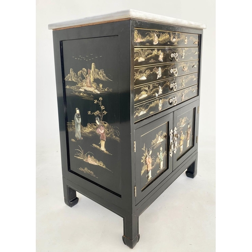 211 - CHEST, Chinese lacquered and coloured stone decorated with four drawers and pair of cupboard doors, ... 