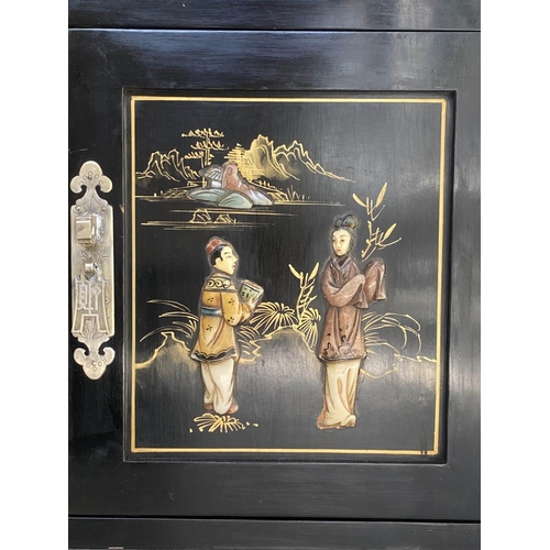 211 - CHEST, Chinese lacquered and coloured stone decorated with four drawers and pair of cupboard doors, ... 