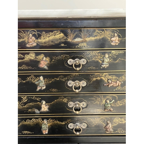 211 - CHEST, Chinese lacquered and coloured stone decorated with four drawers and pair of cupboard doors, ... 