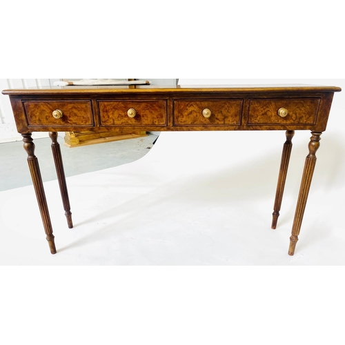 212 - HALL TABLE, George III design burr walnut, and crossbanded with four short frieze drawers, 126cm x 7... 