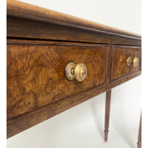 212 - HALL TABLE, George III design burr walnut, and crossbanded with four short frieze drawers, 126cm x 7... 