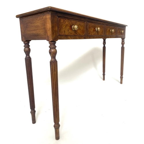 212 - HALL TABLE, George III design burr walnut, and crossbanded with four short frieze drawers, 126cm x 7... 