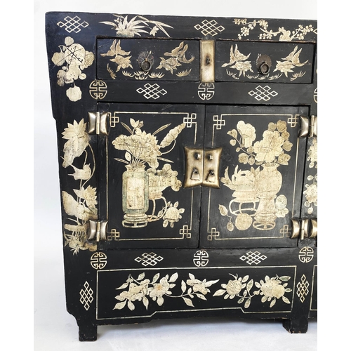 201 - CHINESE SIDE CABINET, 19th century lacquered, with floral painted and incised geometric decoration, ... 