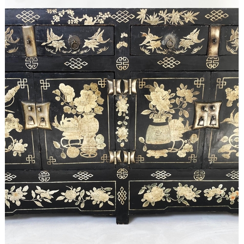 201 - CHINESE SIDE CABINET, 19th century lacquered, with floral painted and incised geometric decoration, ... 