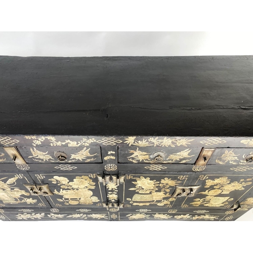 201 - CHINESE SIDE CABINET, 19th century lacquered, with floral painted and incised geometric decoration, ... 