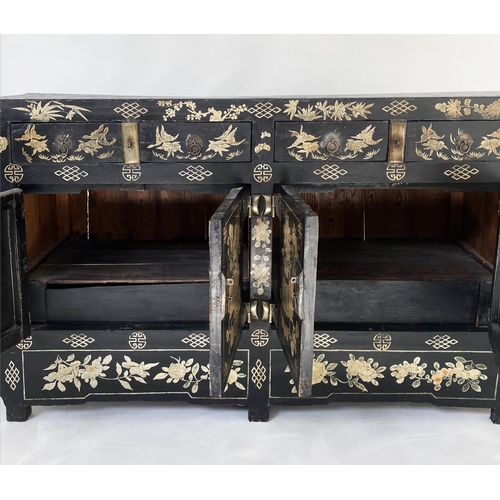 201 - CHINESE SIDE CABINET, 19th century lacquered, with floral painted and incised geometric decoration, ... 