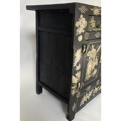 201 - CHINESE SIDE CABINET, 19th century lacquered, with floral painted and incised geometric decoration, ... 