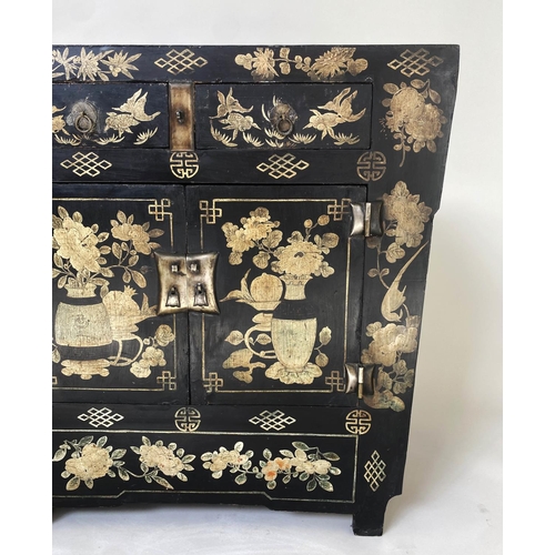 201 - CHINESE SIDE CABINET, 19th century lacquered, with floral painted and incised geometric decoration, ... 