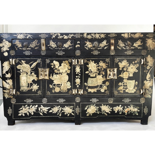 201 - CHINESE SIDE CABINET, 19th century lacquered, with floral painted and incised geometric decoration, ... 