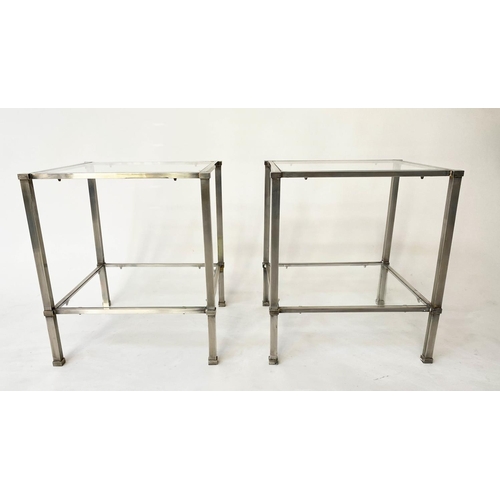 203 - LAMP TABLES, a pair, 1960s, silvered metal, each with two tiers, 45cm sq. x 50cm H. (2)