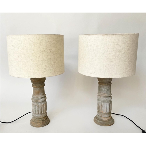 204 - TABLE LAMPS, a pair, turned baluster column and stone effect, with shades, 66cm H. (2)