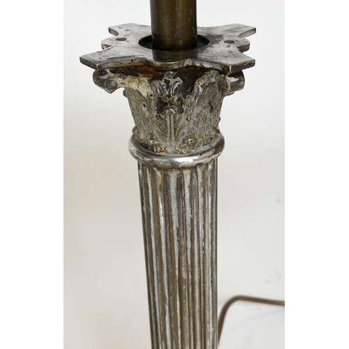 194 - LIBRARY TABLE LAMPS, two similar, silvered, each with fluted columns and Corinthian capitals (with s... 