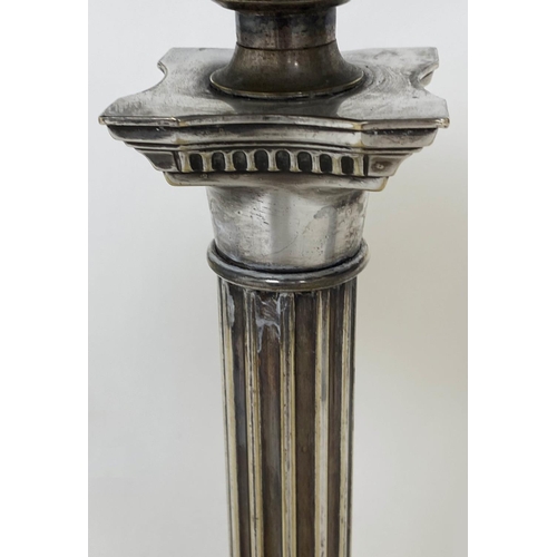 194 - LIBRARY TABLE LAMPS, two similar, silvered, each with fluted columns and Corinthian capitals (with s... 