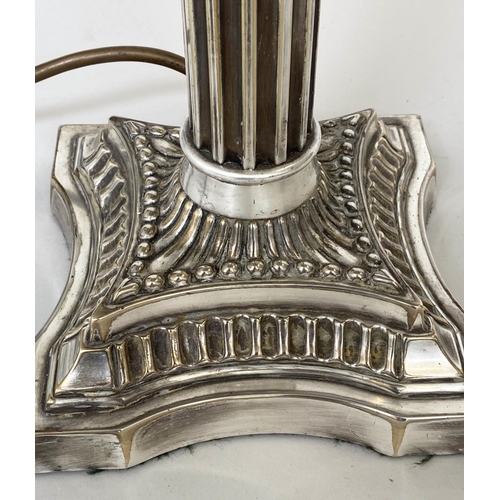 194 - LIBRARY TABLE LAMPS, two similar, silvered, each with fluted columns and Corinthian capitals (with s... 