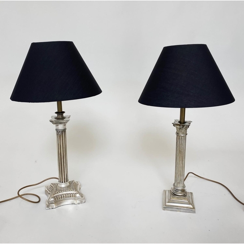 194 - LIBRARY TABLE LAMPS, two similar, silvered, each with fluted columns and Corinthian capitals (with s... 