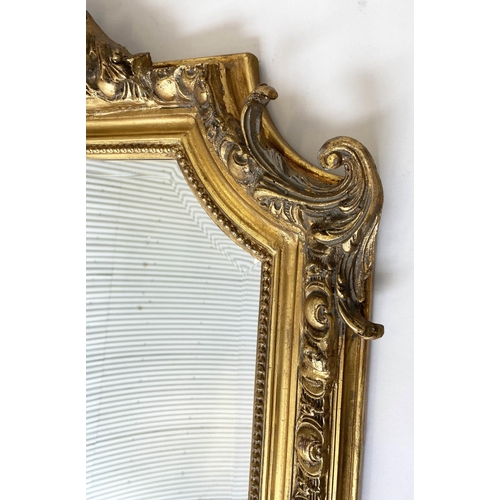 195 - OVERMANTEL MIRROR, French giltwood with bevelled plate, arched 'C' scroll and shell side crest and b... 