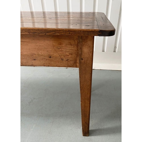 196 - FARMHOUSE TABLE, 19th century English, traditional pine planked and cleated top on square tapering s... 