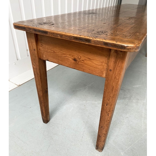 196 - FARMHOUSE TABLE, 19th century English, traditional pine planked and cleated top on square tapering s... 