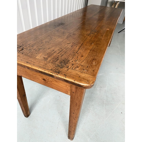 196 - FARMHOUSE TABLE, 19th century English, traditional pine planked and cleated top on square tapering s... 