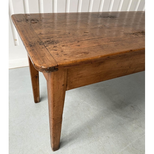 196 - FARMHOUSE TABLE, 19th century English, traditional pine planked and cleated top on square tapering s... 