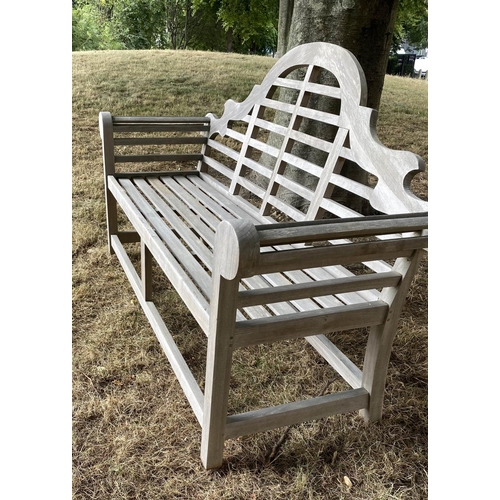 197 - GARDEN BENCH, weathered slatted teak, after a design by Sir Edwin Lutyens, 166cm W.