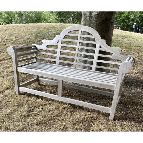 197 - GARDEN BENCH, weathered slatted teak, after a design by Sir Edwin Lutyens, 166cm W.