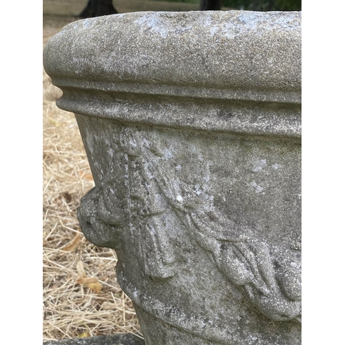 198 - GARDEN PLANTERS, a set of three, well weathered reconstituted stone, each with swag detail, 50cm x 3... 