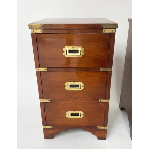 200 - CAMPAIGN STYLE BEDSIDE CHESTS, a pair, yewwood and brass bound each with three drawers, 35cm x 35cm ... 