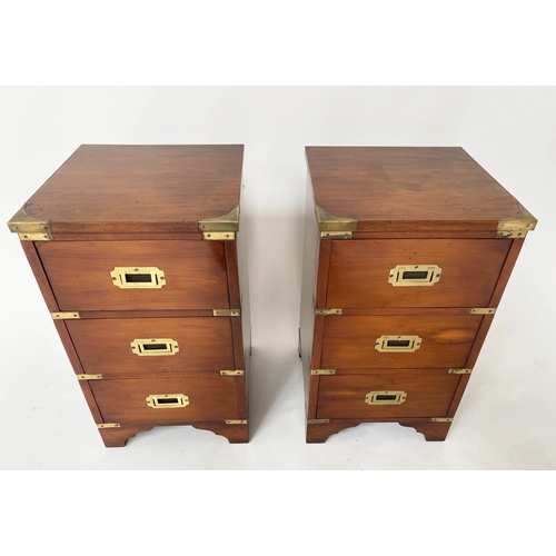 200 - CAMPAIGN STYLE BEDSIDE CHESTS, a pair, yewwood and brass bound each with three drawers, 35cm x 35cm ... 