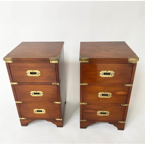 200 - CAMPAIGN STYLE BEDSIDE CHESTS, a pair, yewwood and brass bound each with three drawers, 35cm x 35cm ... 