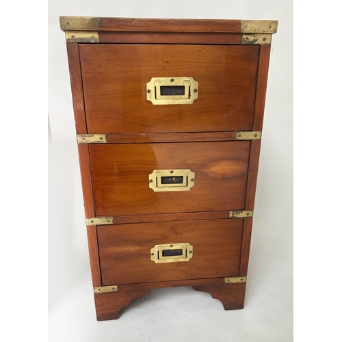 200 - CAMPAIGN STYLE BEDSIDE CHESTS, a pair, yewwood and brass bound each with three drawers, 35cm x 35cm ... 