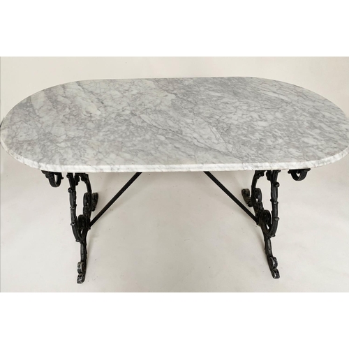 185 - CENTRE TABLE, variegated and veined white marble top with rounded ends, raised upon cast aluminum sc... 