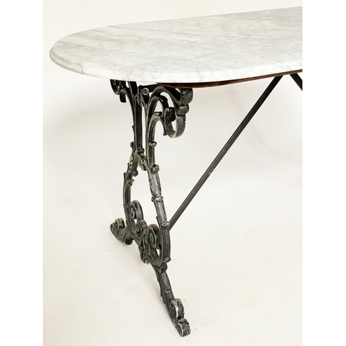 185 - CENTRE TABLE, variegated and veined white marble top with rounded ends, raised upon cast aluminum sc... 