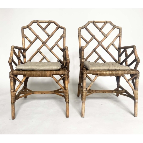 190 - OPEN ARMCHAIRS, a pair, bamboo and cane bound with 'cockpen' backs, 56cm W. (2)