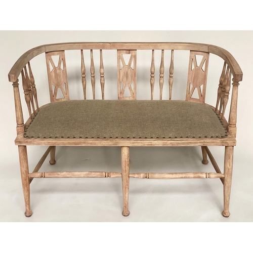 182 - HALL SEAT, Edwardian bleached mahogany, with rounded spindle and splat back, brass studded linen uph... 