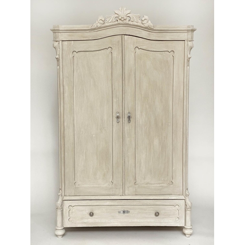 183 - ARMOIRE, 19th century French traditionally grey painted with arched cornice, two panelled doors (enc... 