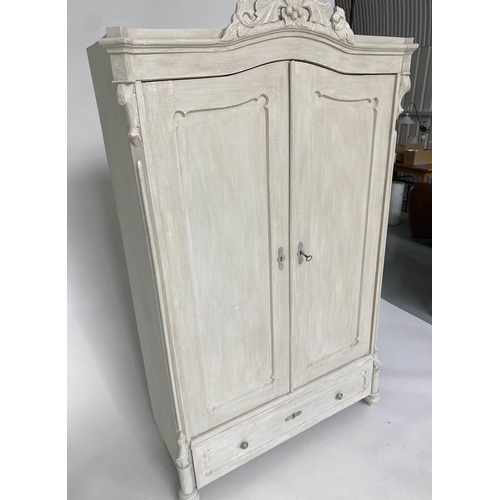 183 - ARMOIRE, 19th century French traditionally grey painted with arched cornice, two panelled doors (enc... 