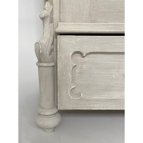 183 - ARMOIRE, 19th century French traditionally grey painted with arched cornice, two panelled doors (enc... 