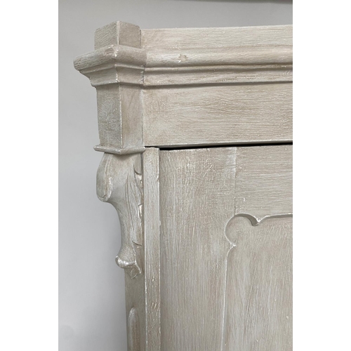 183 - ARMOIRE, 19th century French traditionally grey painted with arched cornice, two panelled doors (enc... 