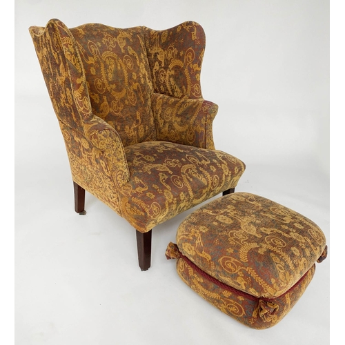 184 - WING ARMCHAIR, 19th century mahogany, in George III style, with tapestry type upholstery and matchin... 